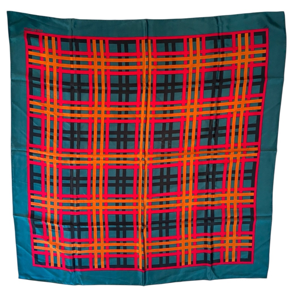 Vintage Albert Nippon Plaid Silk Scarf in Teal and Red